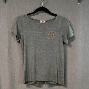 K3 Gray Soft T-shirt Bow Cutout Back w/Gold Gemstone Accents over Heart Size M